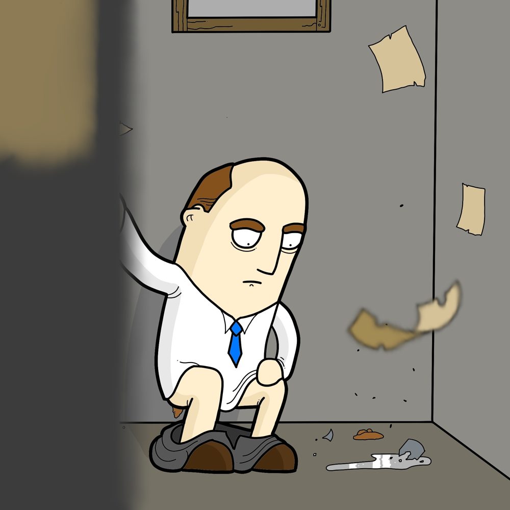 A businessman in a grimy toilet cubicle