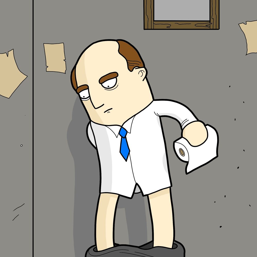 He reaches for the toilet roll