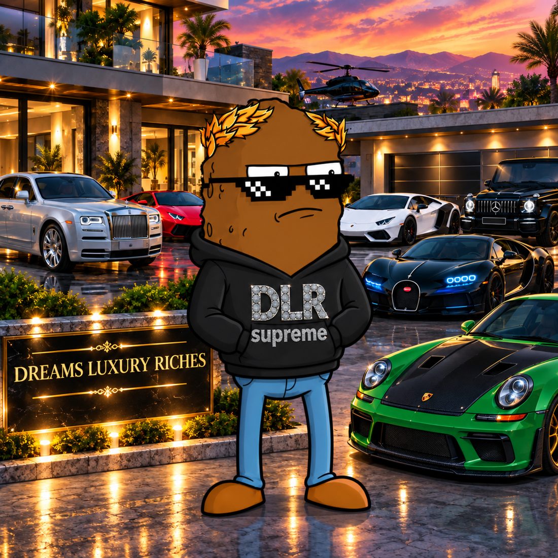 Dilerium in his DLR Supreme hoodie outside his mansion, surrounded by supercars